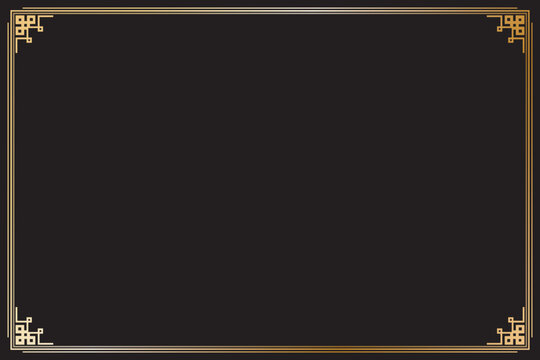 Elements of oriental frames. Gradient gold on black background. Rectangle lines border chinese style. Design print for greeting cards, wedding invitations, restaurant menu, royal certificates. 20
