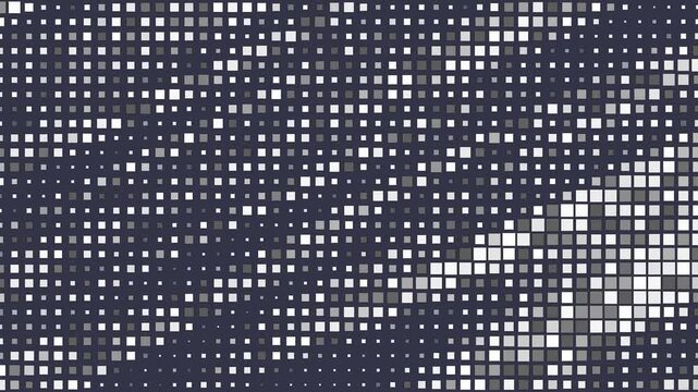 Dark blue and grey pixelated square mosaic grid pattern shifting dynamically with abstract digital halftone wave effect 4k video