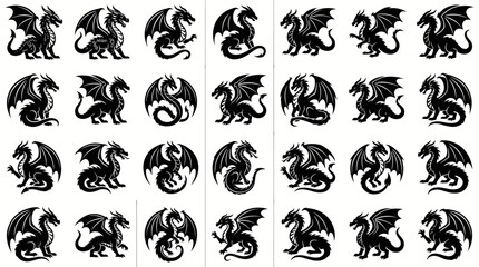 Obraz premium Black White Dragon Silhouettes Vector Art - Fantasy Creature Collection