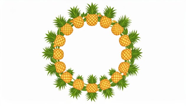 A vibrant circular frame or wreath composed entirely of ripe yellow pineapples with green leafy tops, arranged symmetrically on a clean white background.