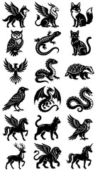 Obraz premium Black and white vector emblems of mythical and real animals and creatures, illustration