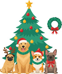 Fototapeta premium Cute Christmas dog breeds vector illustration featuring Golden Retriever Corgi Pug and French Bulldog sitting under a decorated holiday pine tree with star topper.