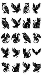 Obraz premium Fantasy and Mythological Creatures Glyph Vector Icon Set: Owls, Black Cats, Dragons, Ravens, Bats