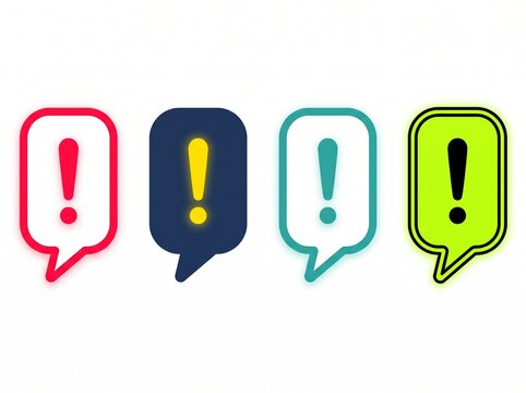 Set of colorful speech bubble icons with exclamation marks for warning, alert, and notification concepts on white background