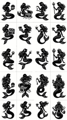 Fototapeta premium Black and White Mermaid Silhouettes with Shells and Treasure Chests, Vector Art