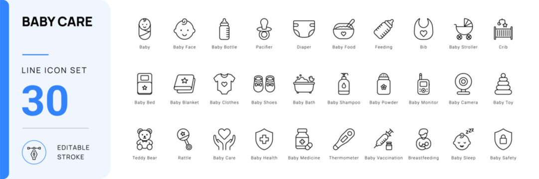 baby care newborn infant icon line style editable stroke vector set