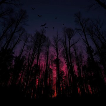 Eerie forest at dusk with tall trees silhouetted against dark sky, bats flying overhead, creepy, ||trees