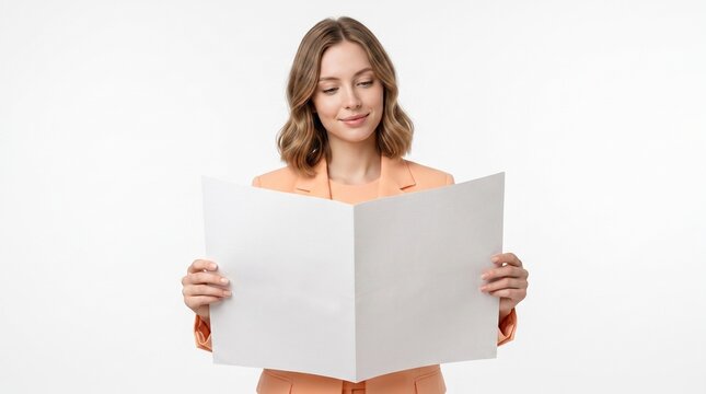 Woman in Orange Suit Reading Blank Newspaper Page Mockup for Announcement Design