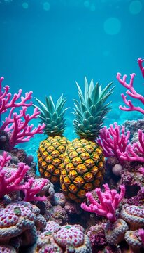 Surreal underwater pineapples surrounded by tranquil pink coral, nature, sea