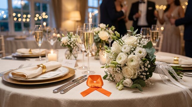 Orange awareness ribbon rests on a elegantly set dining table adorned with a white floral bouquet, champagne glasses, and place settings, with blurred guests in the background, suggesting a special.