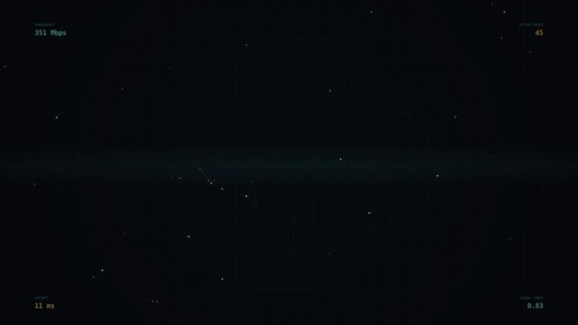 Pulsing particles travel along glowing cyan lines between connected nodes, with live throughput and latency readouts, seamless loop