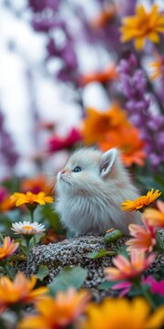Furry ball of fluff surveys surroundings amidst vibrant blooms, adorable., garden