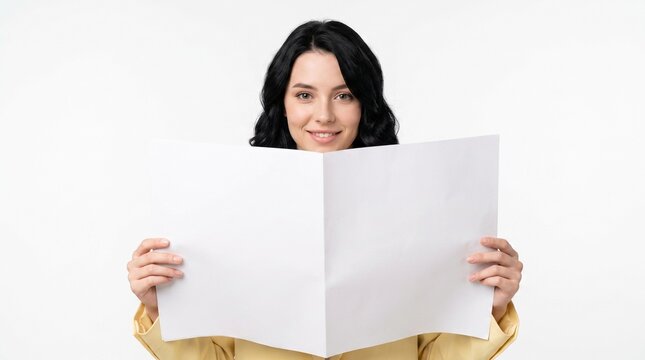 Young Businesswoman Holding Blank White Newspaper Mockup on White Background