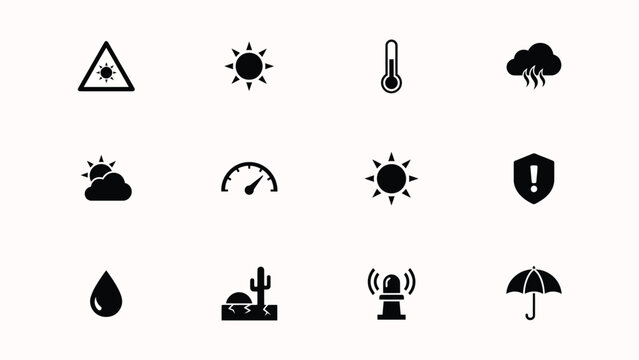 Minimalist weather with bold black white icons arranged 3x4 grid conditions alerts environmental environmental symbols modern displays twelve clean