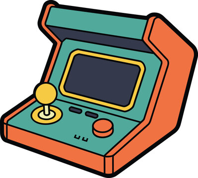 Retro arcade machine featuring a joystick and buttons displayed in a vibrant flat vector style isolated on white background surface