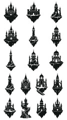 Naklejka premium Fantasy Castles and Towers Silhouette Glyph Vector Icons. Mystical Floating Architecture Set.
