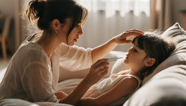 Mother Checking Child&rsquo;s Temperature at Home