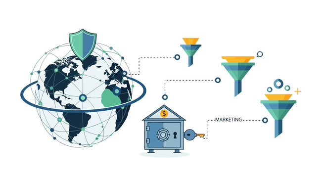 Global data security and digital marketing funnel illustration