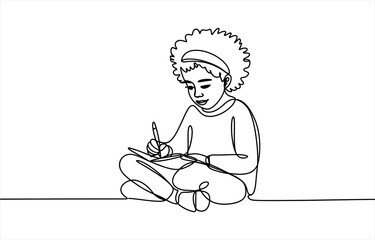 Continuous single line drawing of a little girl sitting and writing in a notebook with a pencil