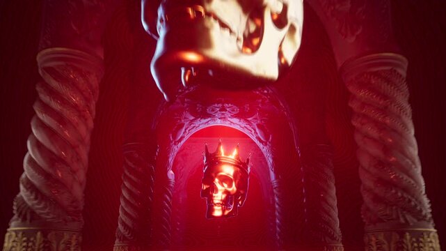 Seamless Infinite Camera Loop Passing Through Ornate Red Pillars Shrine with Levitating King Skull