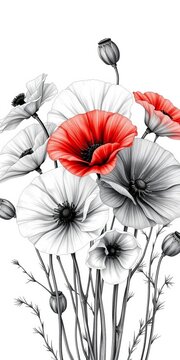 A delicate illustration of a bouquet featuring various poppy varieties in shades of black and white, thank you, illustration
