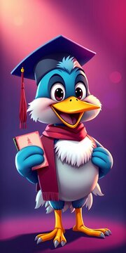 Academic achievement celebrated with a cartoon bird's proud moment, books, ||academic success