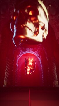 3D Animation of Crowned Golden Skull Floating in Dark Palace Corridor with Crimson Red Lighting