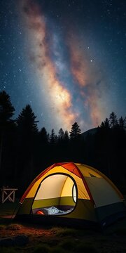 Camping tent surrounded by star-studded night sky, Milky Way, national park