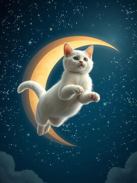 Whimsical white cat leaps through starry sky with crescent moon, fantasy, astrophotography