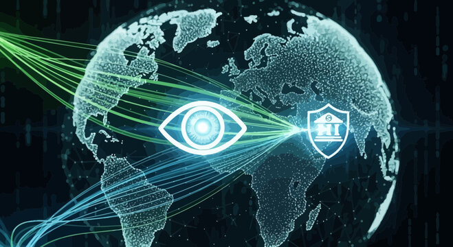 Global digital security and data protection concept with interconnected network and watchful eye