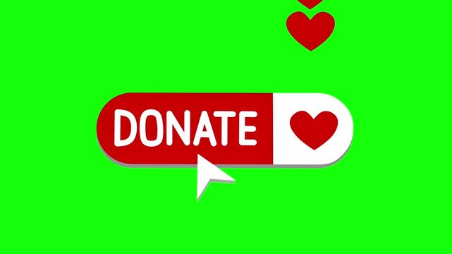 Animated red donate button clicked by a cursor, triggering floating hearts on a green screen for chroma key use.