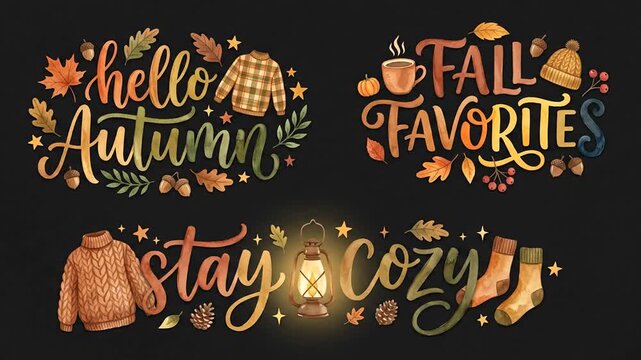 Cozy autumn typography with animated seasonal elements and glittering stars on a dark background