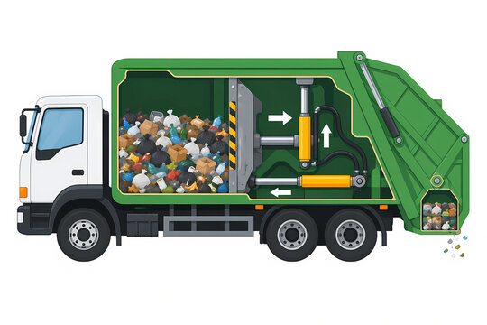 Flat vector cutaway diagram of a garbage truck compactor mechanism