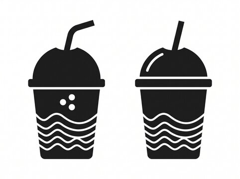 Black Silhouette Icons of Takeaway Plastic Cups with Dome Lids and Straws for Cold Beverages, Smoothies, and Iced Coffee