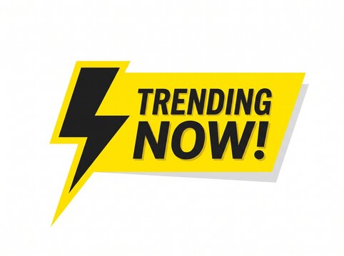 Trending Now Text on Yellow Speech Bubble with Lightning Bolt Icon Isolated on White Background
