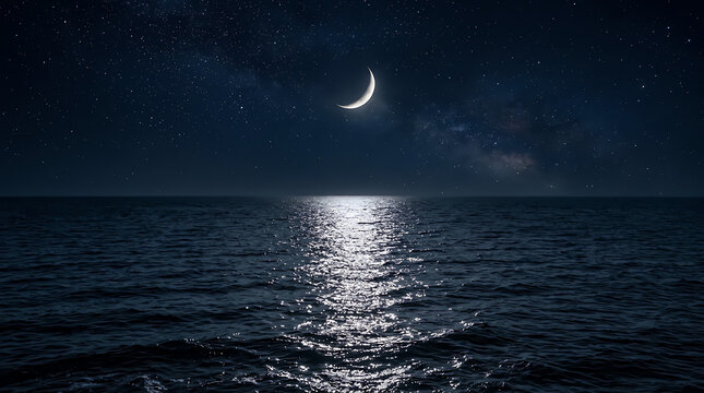 Bright crescent moon shining over calm dark ocean waves at night