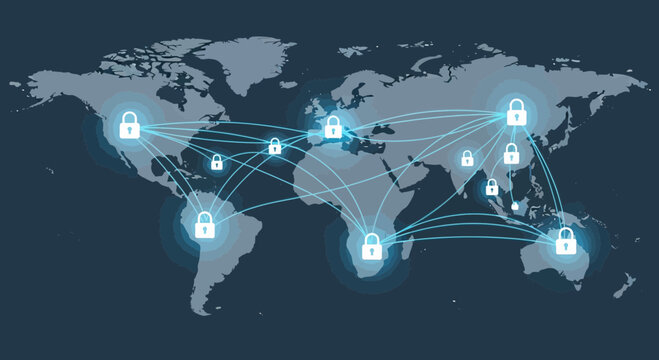 Global network security connections and data protection illustration