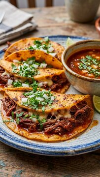 Beef birria tacos with melted cheese and consomm&eacute; broth served on a rustic wooden table