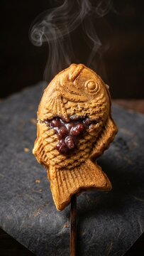 Hot steaming taiyaki fish shaped cake filled with red bean paste on dark stone surface