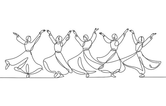 Group of women dancing in long dresses continuous line drawing