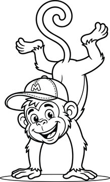 Cute cartoon monkey character wearing cap doing handstand outline coloring page vector illustration isolated on white background
