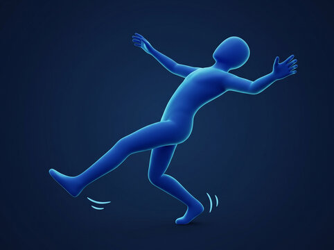 Blue 3D figure losing balance and falling backwards