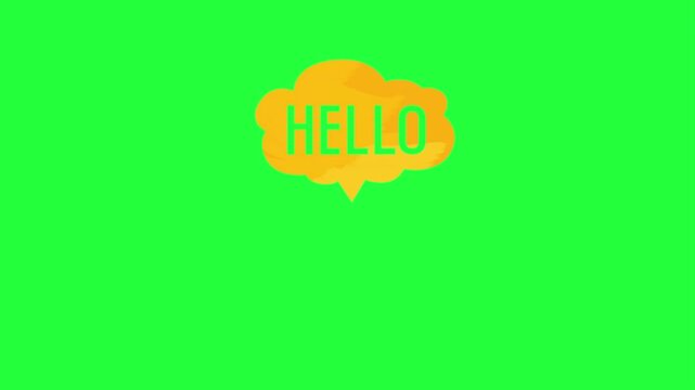 Animated orange speech bubble with green text saying h e l o on a 