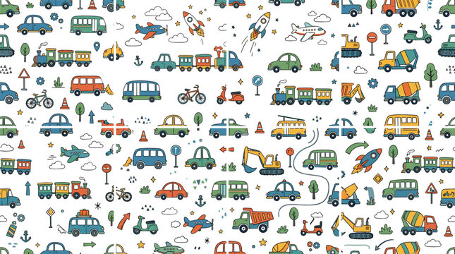 Cute transport and construction vehicle seamless pattern vector background with cartoon cars, trucks, trains, airplanes, and rockets for kids nursery textile design.