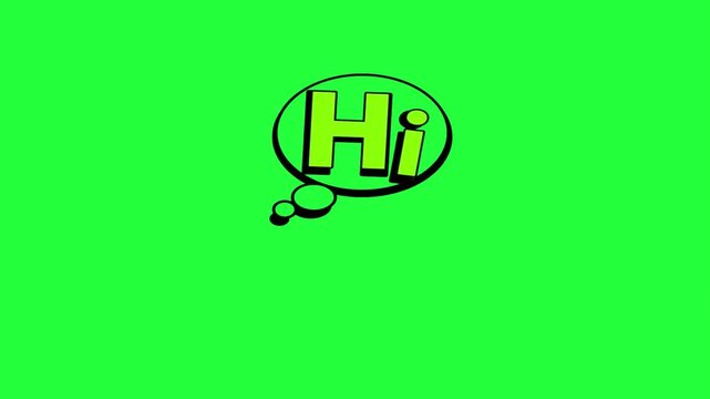 Comic book style speech bubble with the word hi animated on a green 