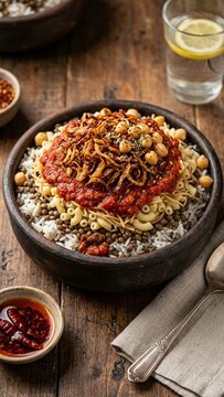 Traditional Egyptian Koshari dish served in rustic bowl on wooden table with chickpeas and onions