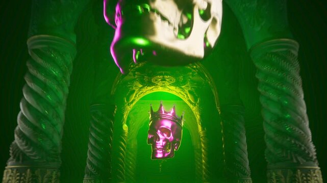 Seamless Infinite Camera Loop Passing Through Ornate Purple Pillars Shrine with Levitating Toxic Green Skull