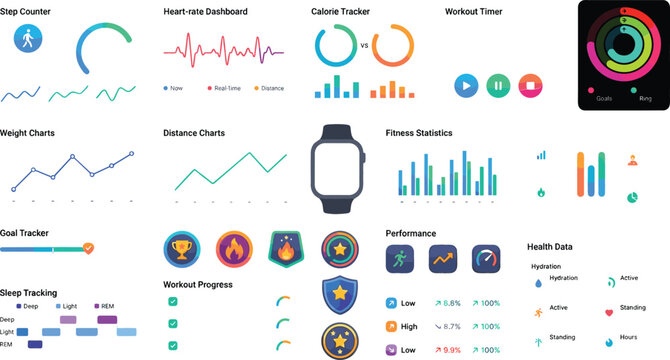 Fitness tracker dashboard interface vector kit with smartwatch app elements, heart rate graphs, health statistics charts, and activity goals for UI design.