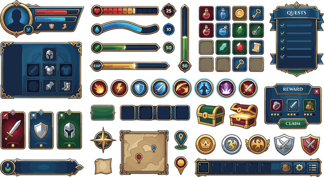 Fantasy RPG game UI vector kit with medieval avatar frames, health bars, inventory slots, quest logs, and gold reward buttons for mobile interface design.