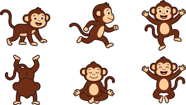  Cute monkey cartoon character sheet vector illustration featuring brown baby chimpanzee in various funny poses for children education